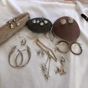 Bundle of 13 Earrings Silver tone Rhinestones Formal Prom Wedding Special Event